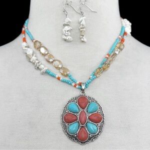 Turquoise & Red Stone Beaded Concho Pendant Necklace Earrings Set